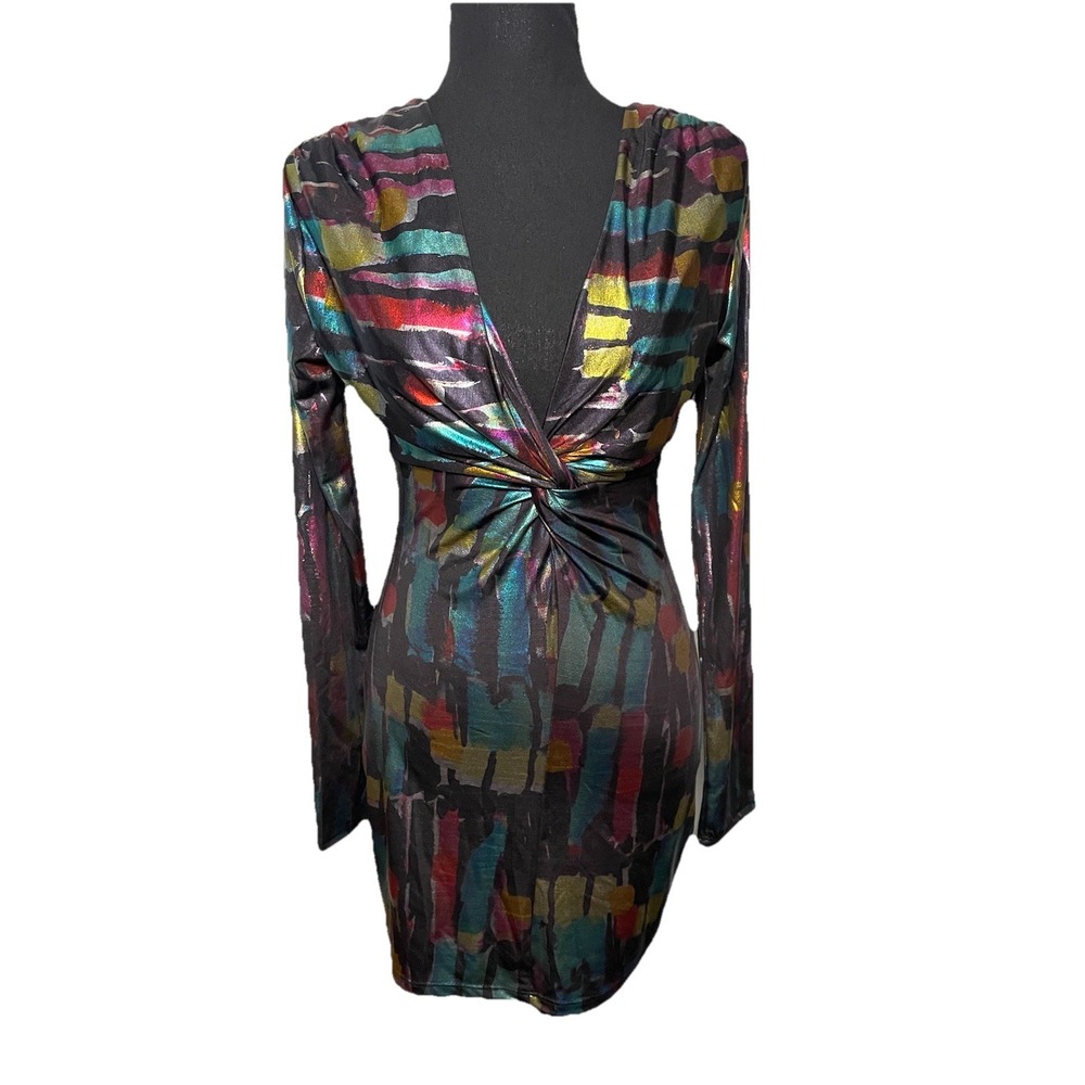 VTG 90's/Y2K Symphony iridescent Multicolor  V neck Bodycon‎ Dress Size Large*